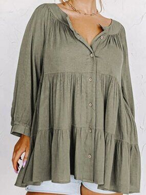 Ott Women's XS Loose Fit Olive Green Button-Up Tiered Blouse Babydoll Boho-Chic